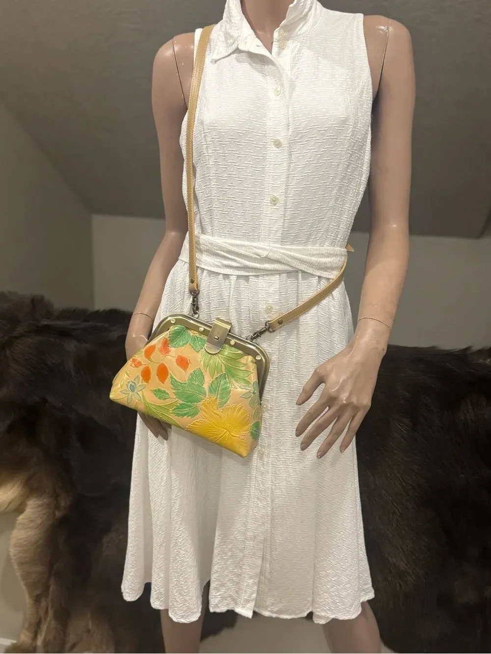 Floral Embossed Cowhide Handmade Unique Rivet Frame Bag, Retro Style Leather Bag